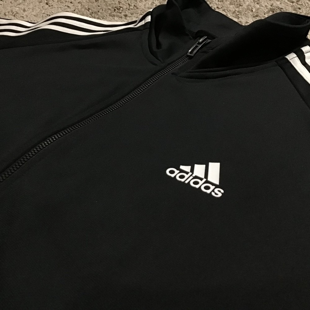 Adidas Men's Track Jacket Large Black Warm Up Zippered Front White Stripes